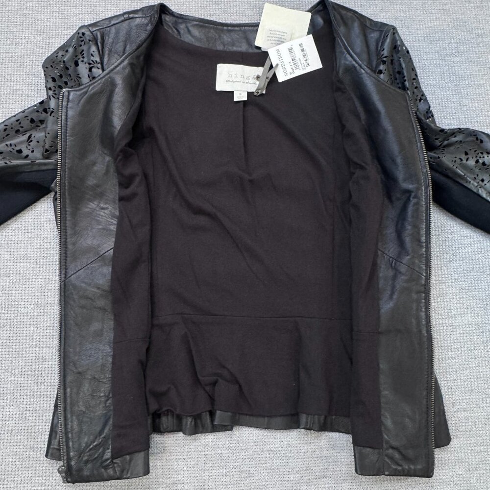 Hinge Womens Motorcycle Jacket Black Leather Full Zip Laser Cut Lined Size M NWT - Picture 5 of 16